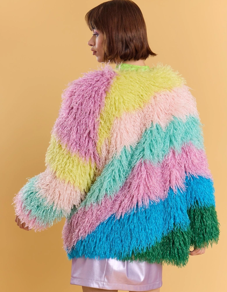 Multi Coloured Pastel Rainbow Faux Fur Coat