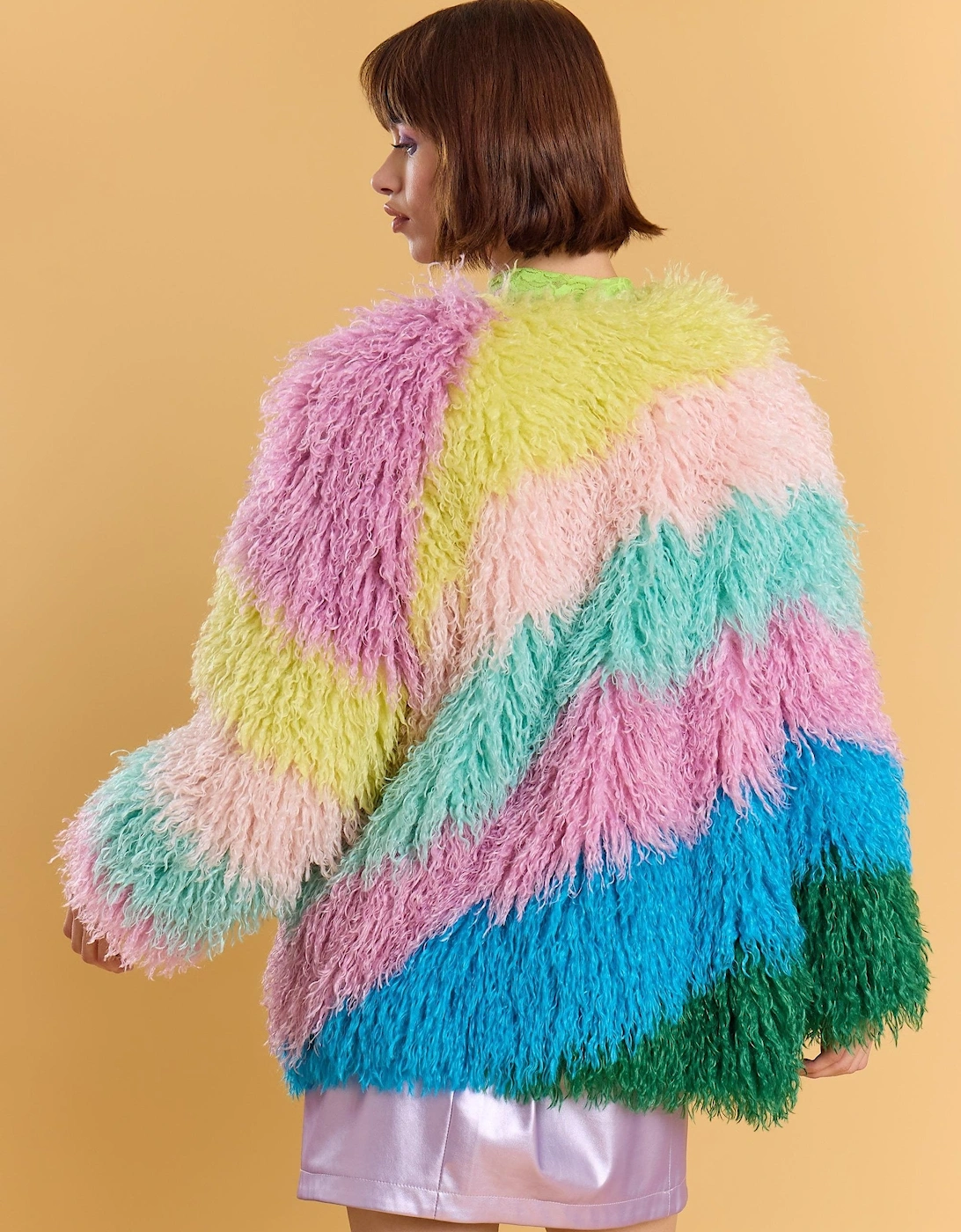 Multi Coloured Pastel Rainbow Faux Fur Coat