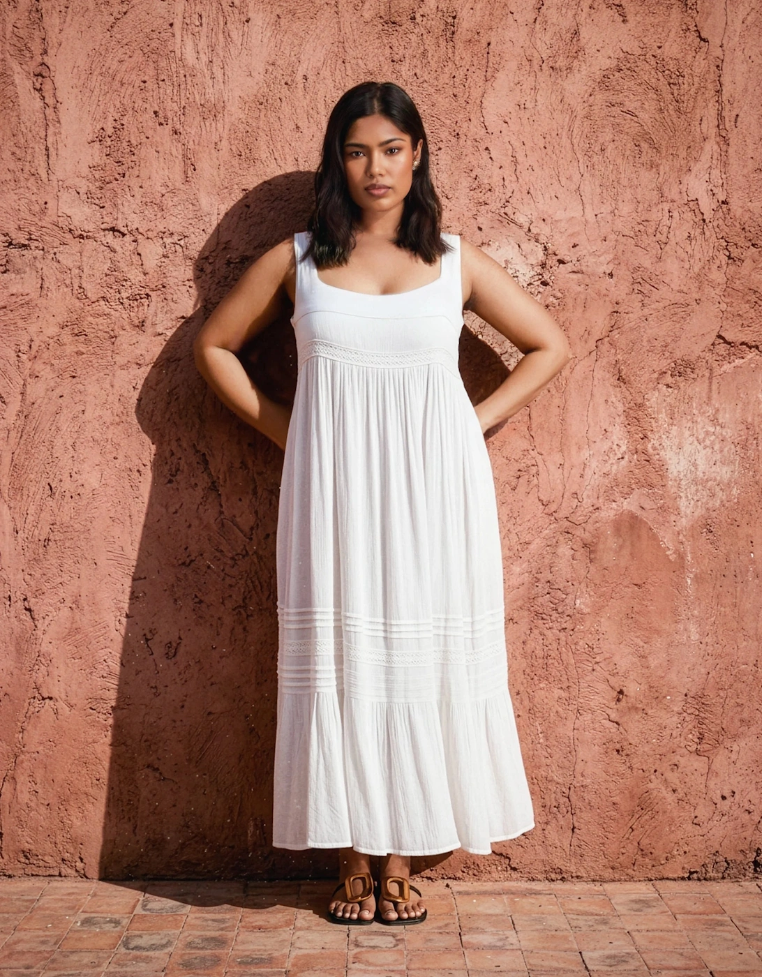 White Crinkle Pintuck Lace Trim Midaxi Dress, 8 of 7