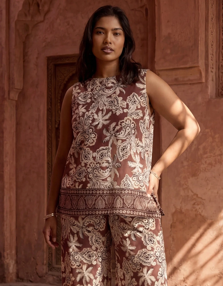 Brown Paisley Border Placement Print Sleeveless Top