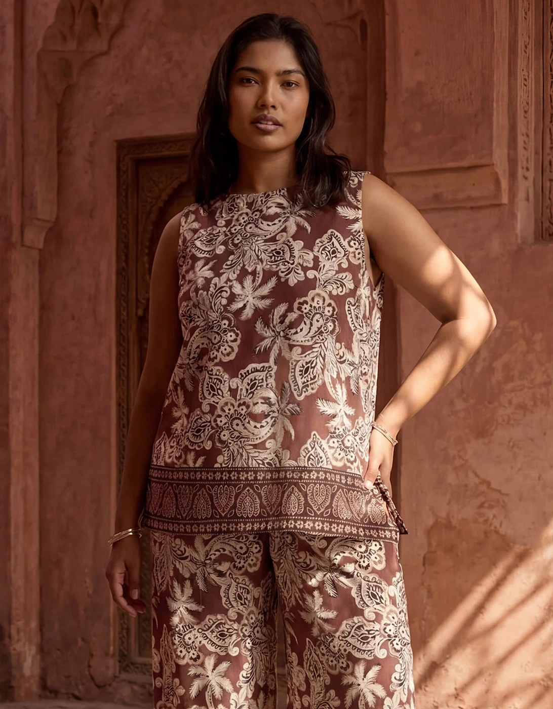 Brown Paisley Border Placement Print Sleeveless Top, 8 of 7