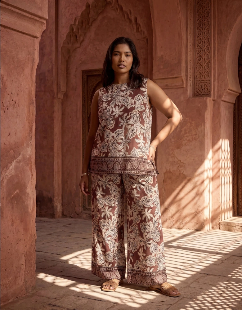 Brown Paisley Border Print Wide Leg Trousers