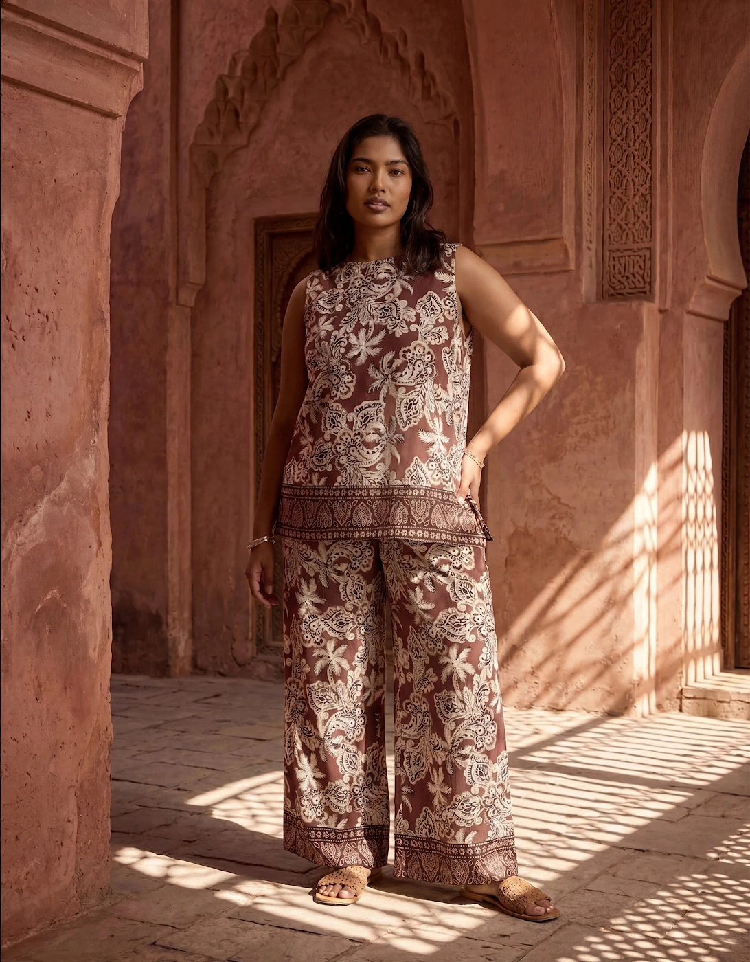Brown Paisley Border Print Wide Leg Trousers, 8 of 7