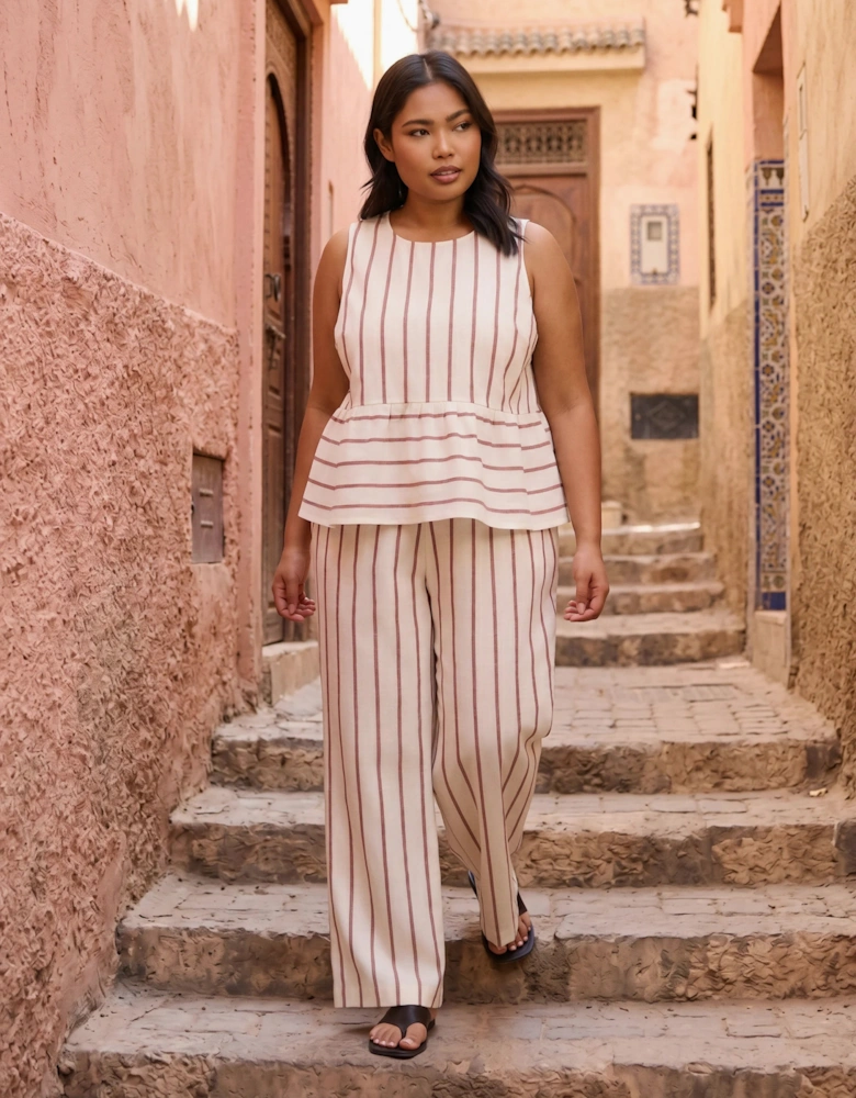 Oatmeal Striped Linen Blend Peplum Top
