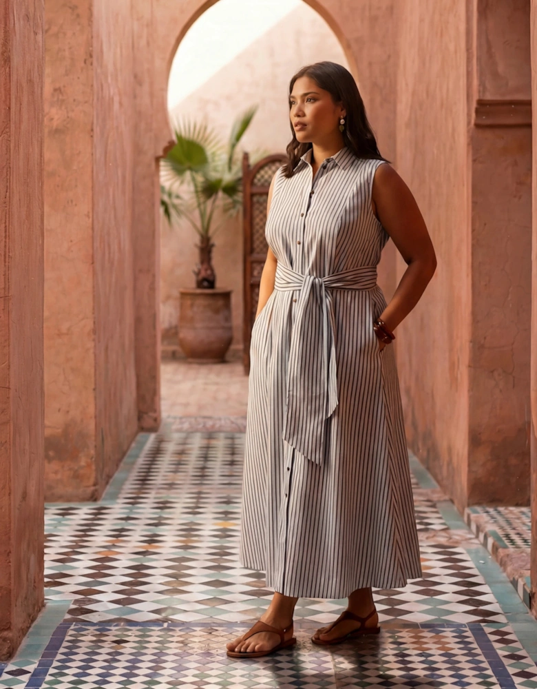 Petite Blue And Chocolate Stripe Maxi Shirt Dress
