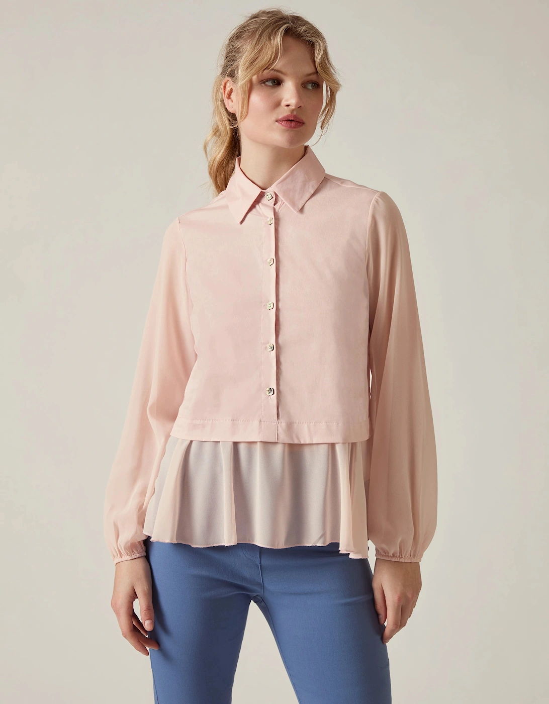 Pale Pink Contrast Hem Blouse