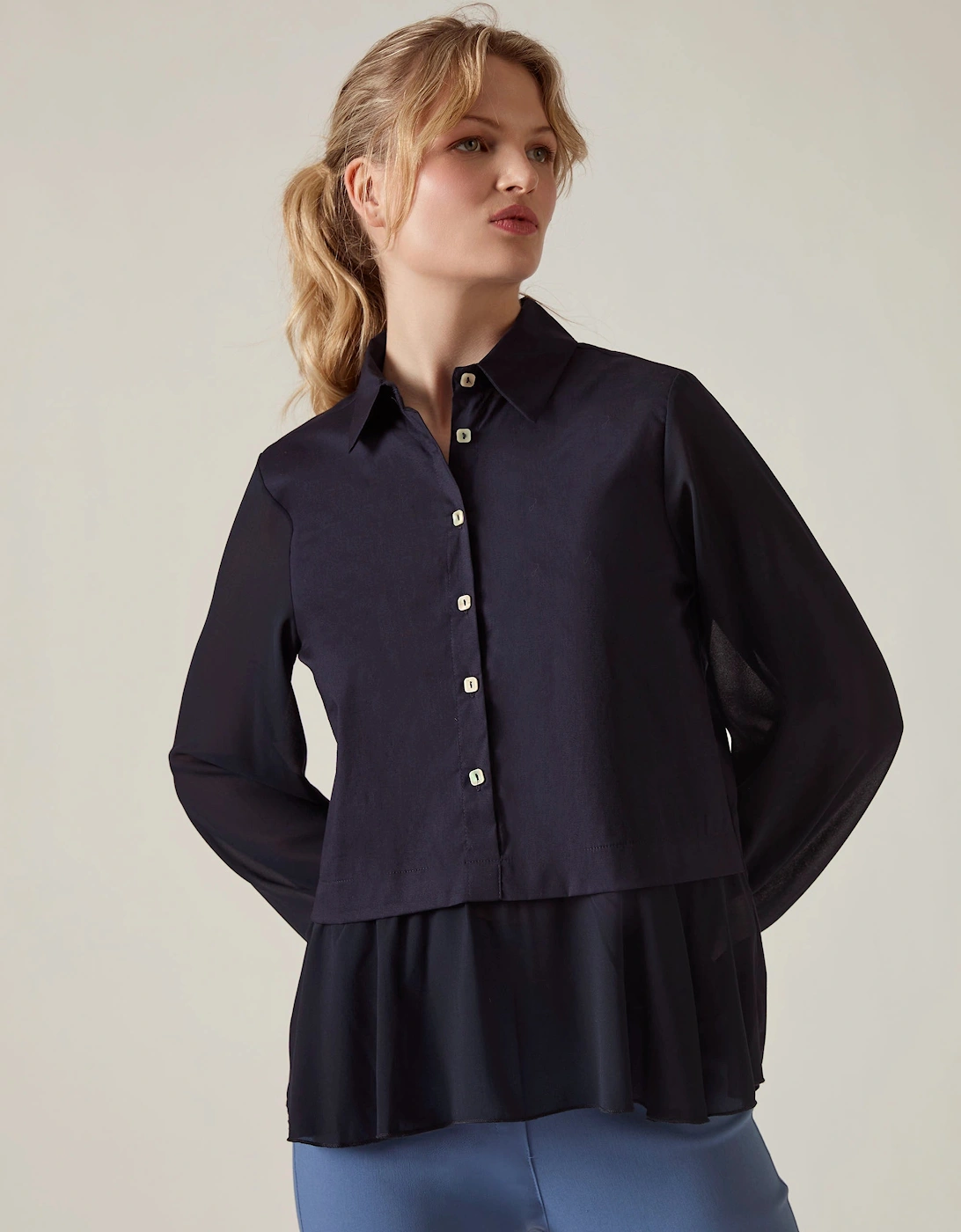 Navy Contrast Hem Blouse