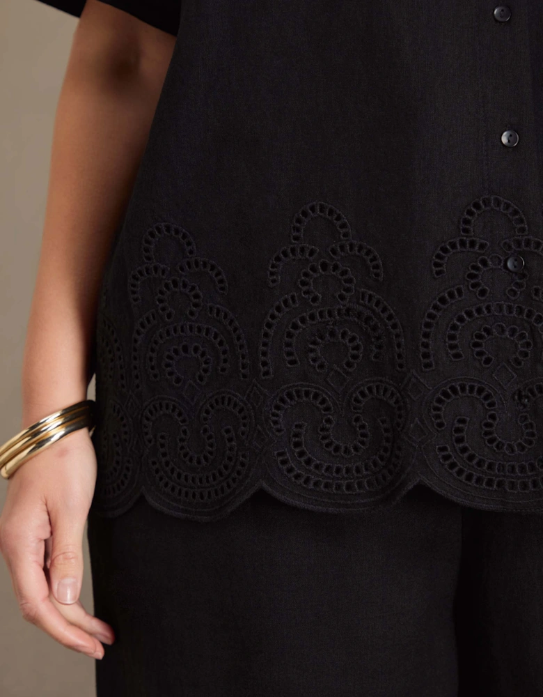 Black Linen Blend Broderie Shirt