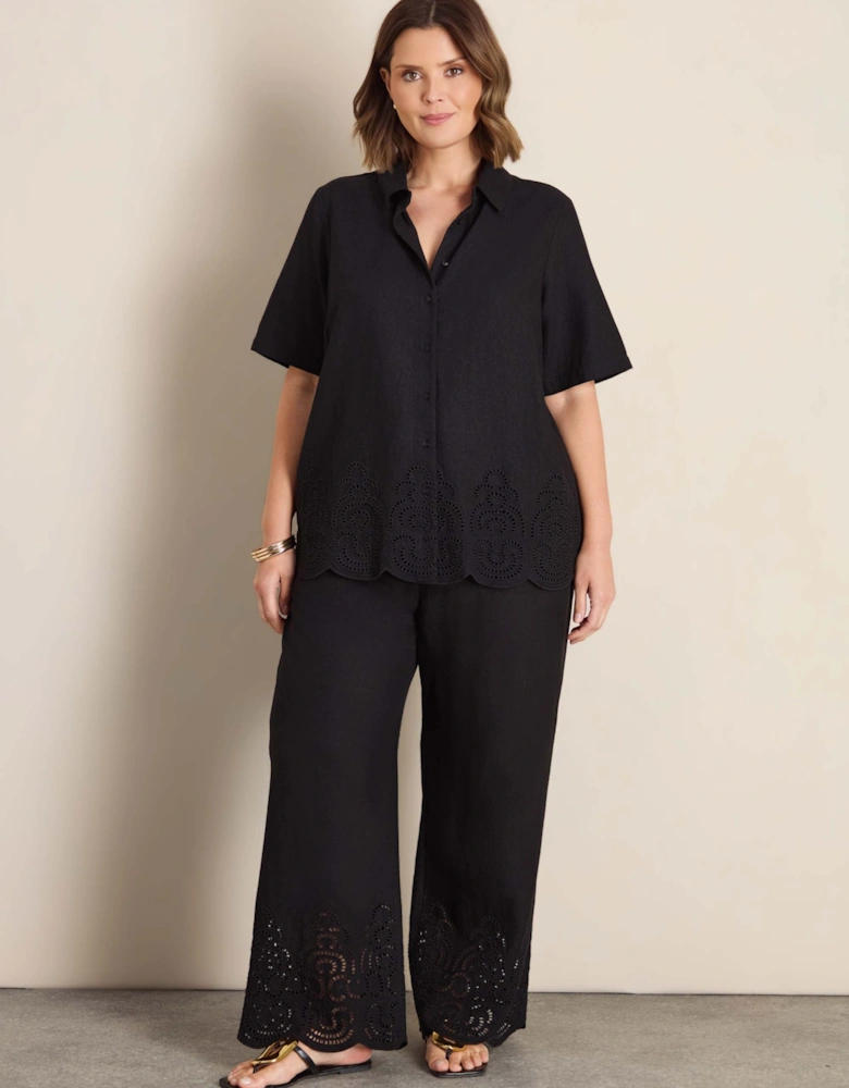 Black Linen Blend Broderie Trouser
