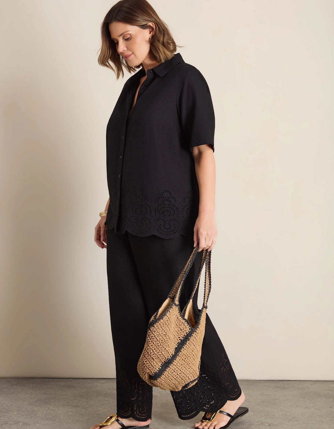 Black Linen Blend Broderie Shirt