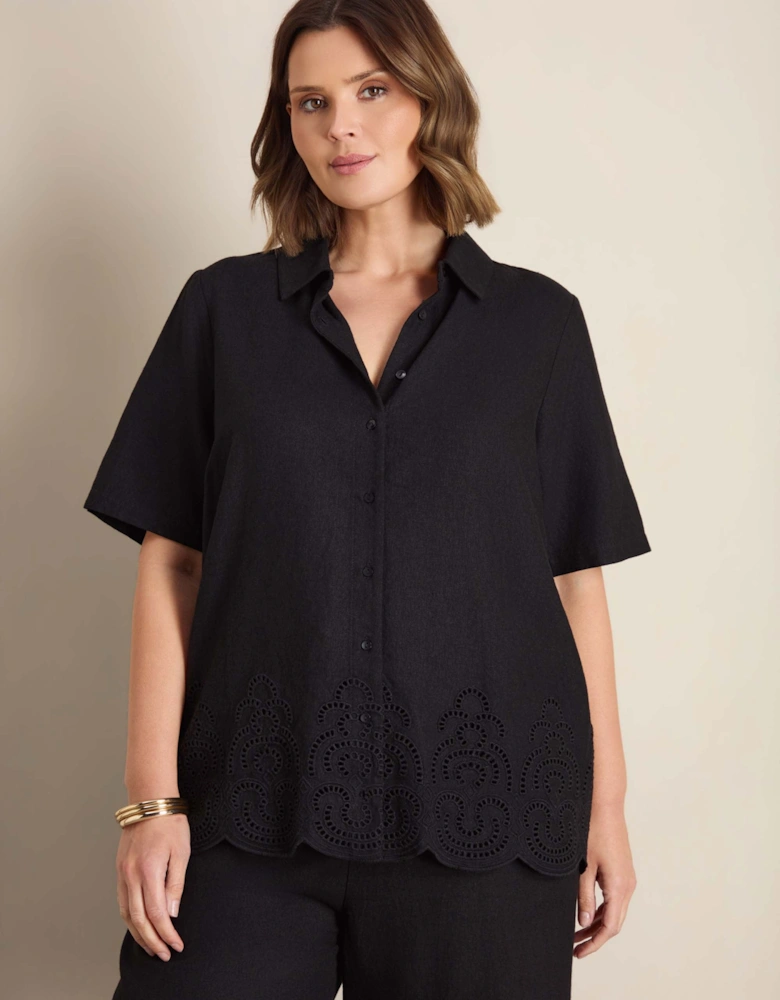 Black Linen Blend Broderie Shirt