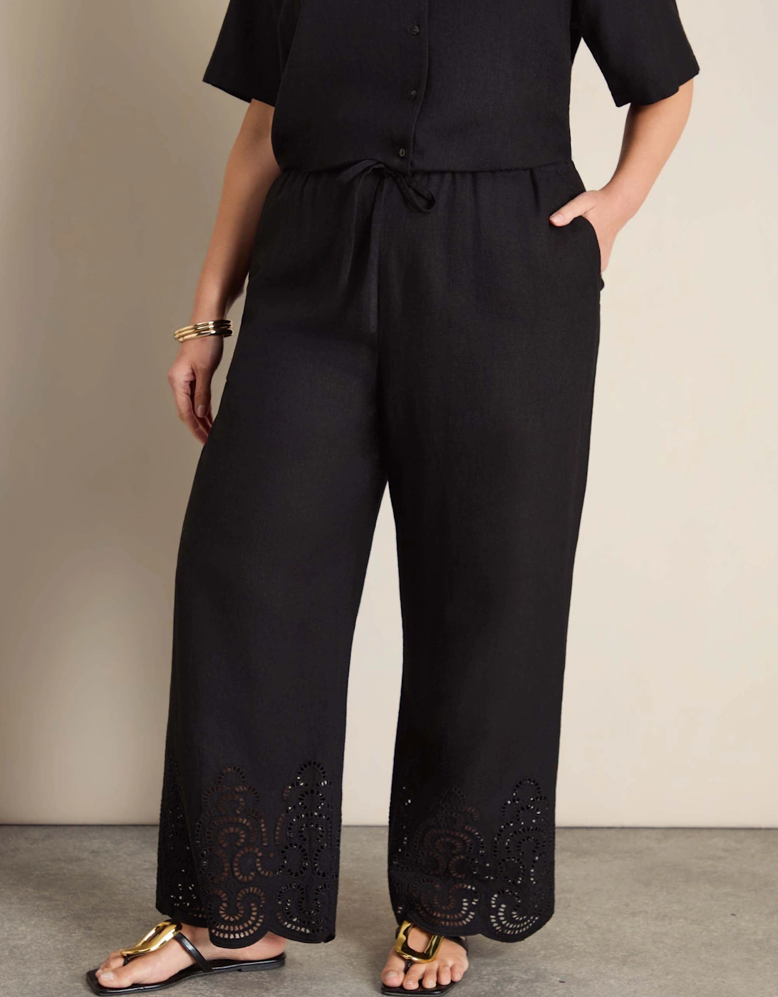 Black Linen Blend Broderie Trouser