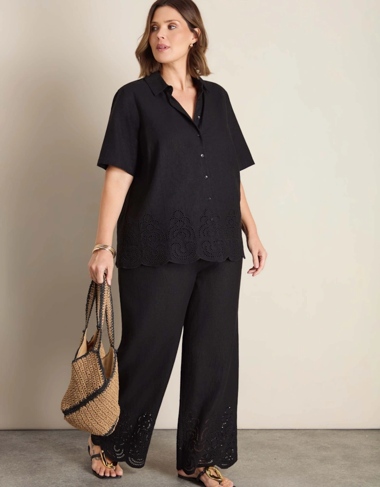 Black Linen Blend Broderie Trouser