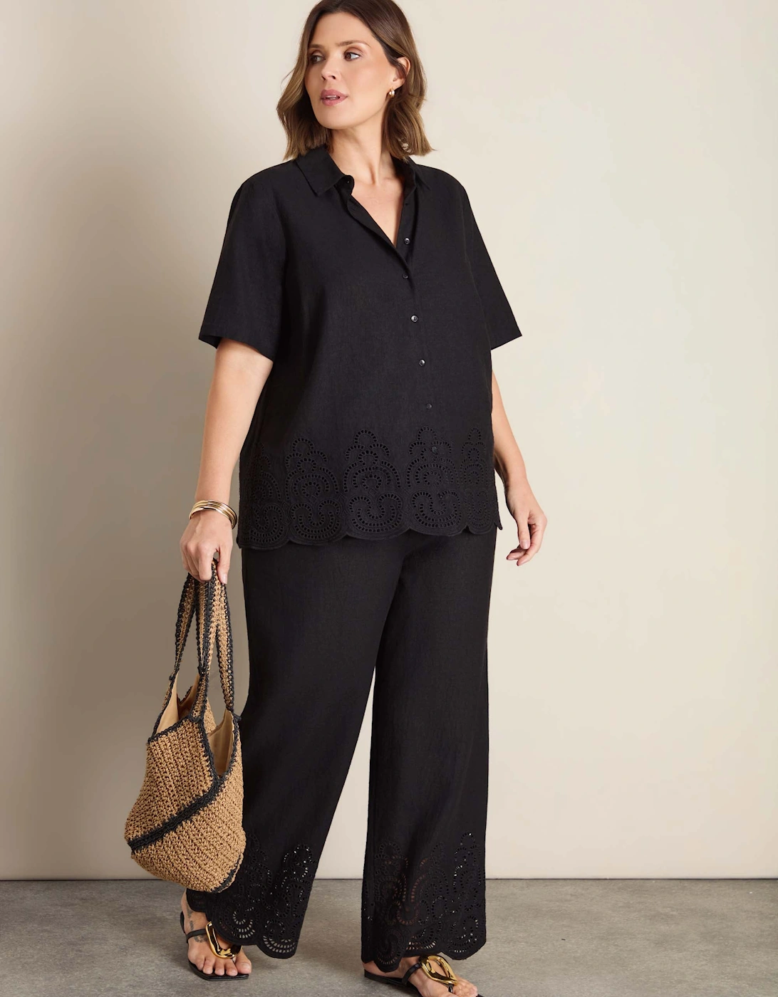 Black Linen Blend Broderie Trouser