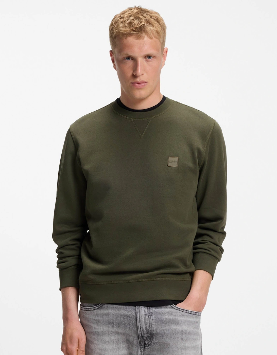 BOSS Orange Westart Mens Crew Neck Sweatshirt With Logo Patch - Bright Green 325, 5 of 4