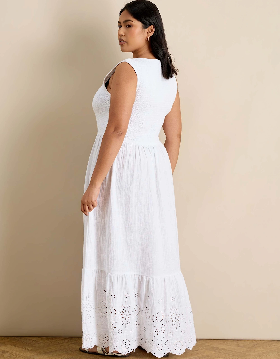 White Cheesecloth Shirred Bodice Broderie Hem Maxi Dress