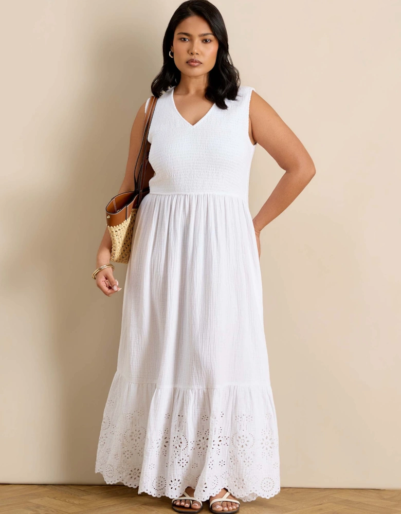 White Cheesecloth Shirred Bodice Broderie Hem Maxi Dress