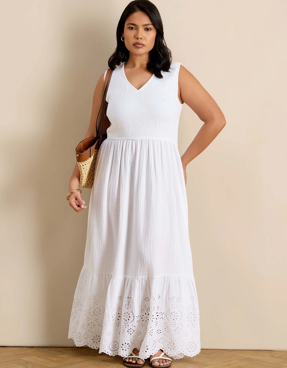White Cheesecloth Shirred Bodice Broderie Hem Maxi Dress