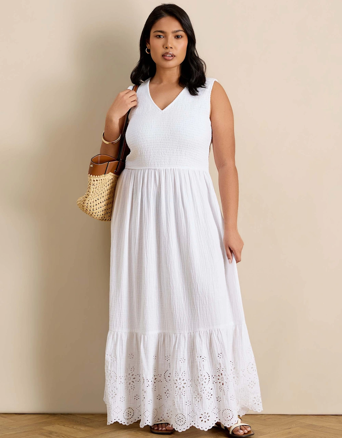 White Cheesecloth Shirred Bodice Broderie Hem Maxi Dress, 7 of 6
