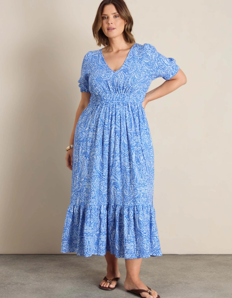 Blue Paisley Print Cheesecloth V Neck Maxi Dress