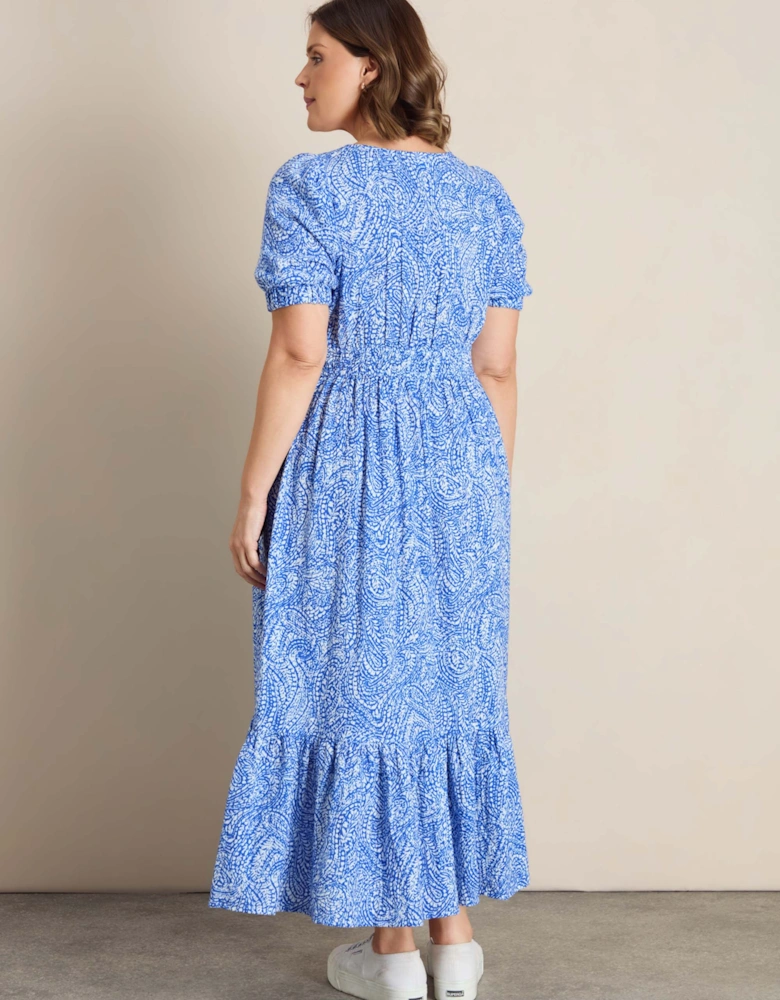 Blue Paisley Print Cheesecloth V Neck Maxi Dress