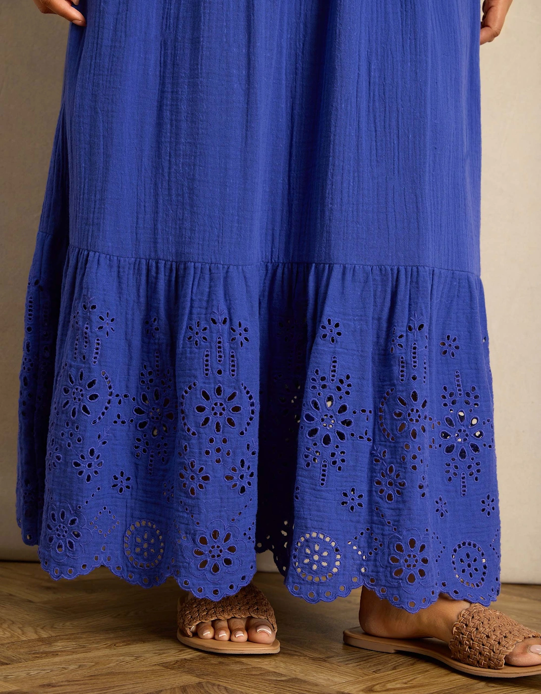 Blue Cheesecloth Shirred Bodice Broderie Hem Maxi Dress