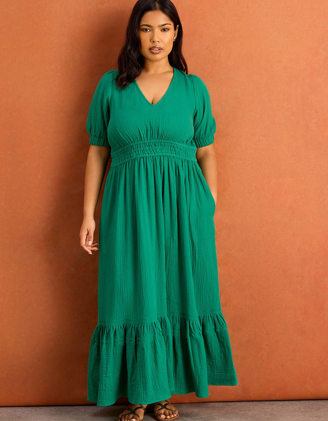 Green Cheesecloth V Neck Maxi Dress