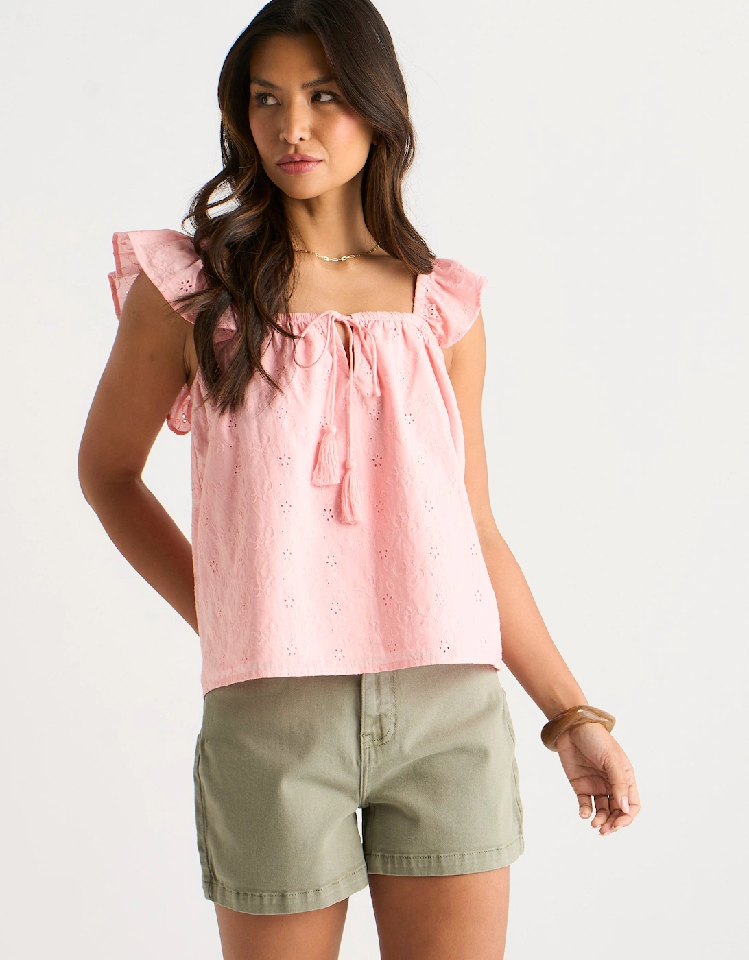 Gini London Women's Pink Broderie Anglaise Frill Sleeve Top  14 Size 14