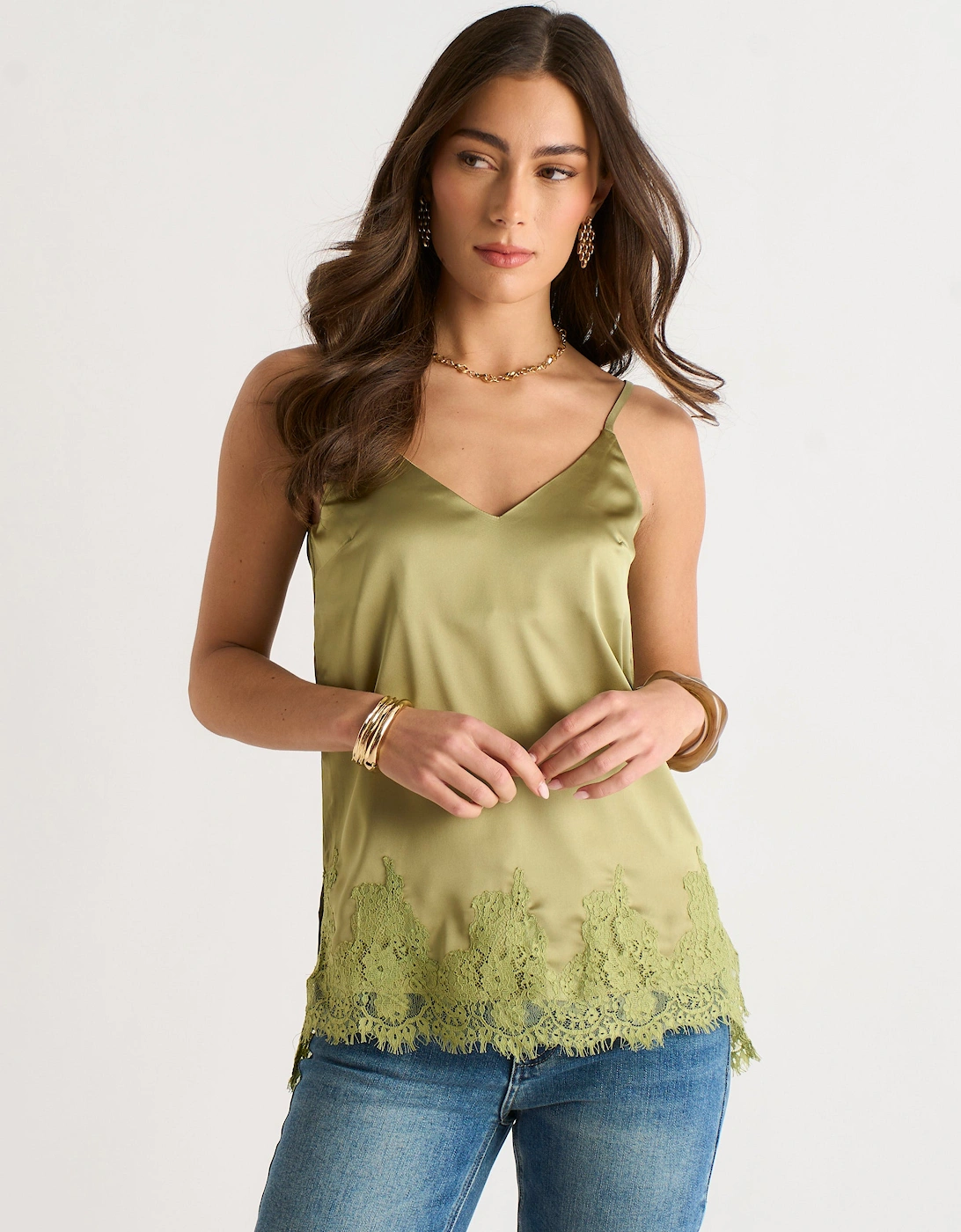 Khaki Satin Lace Trim Cami Top