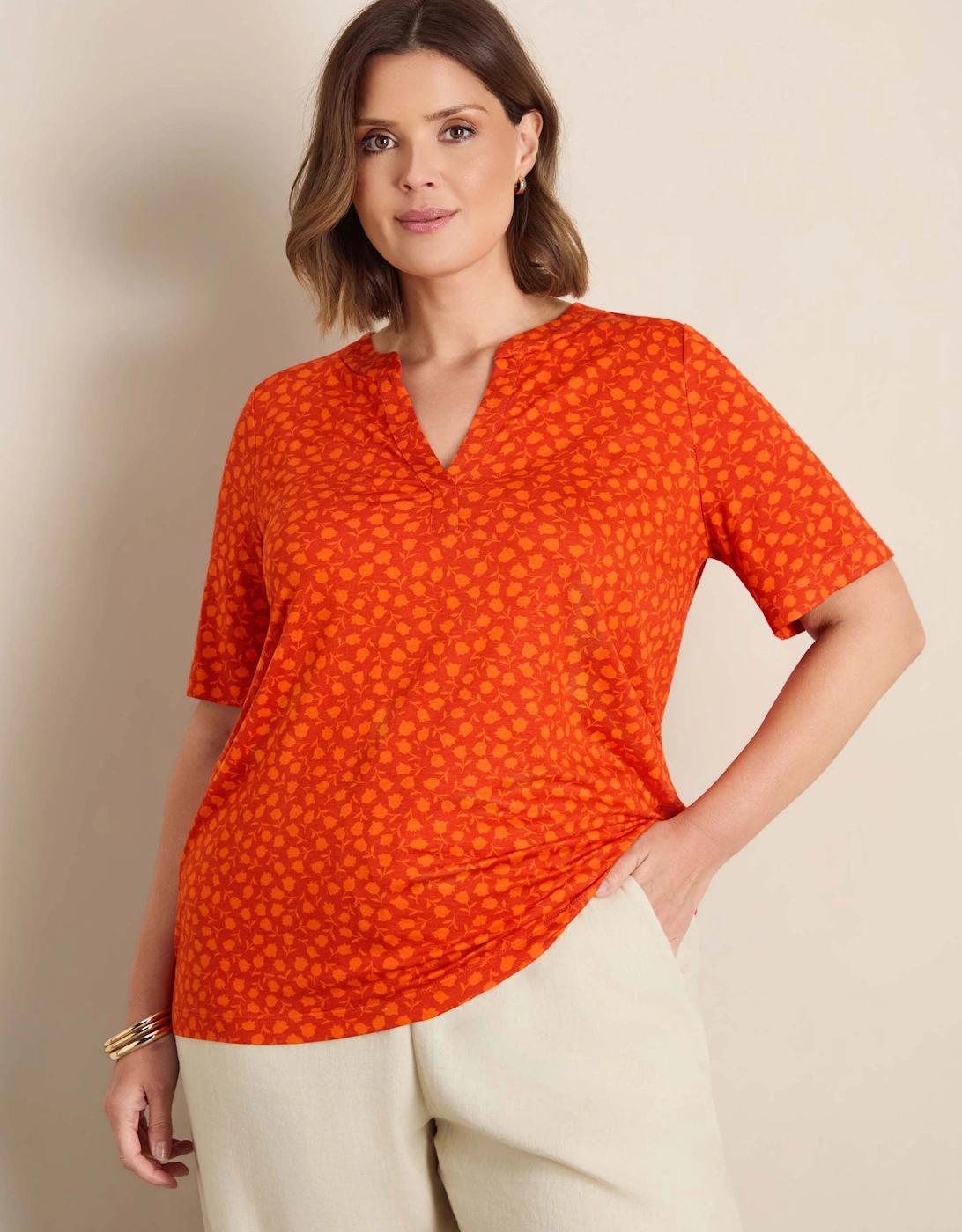Orange Floral Print Nehru Collar Short Sleeve Jersey Top