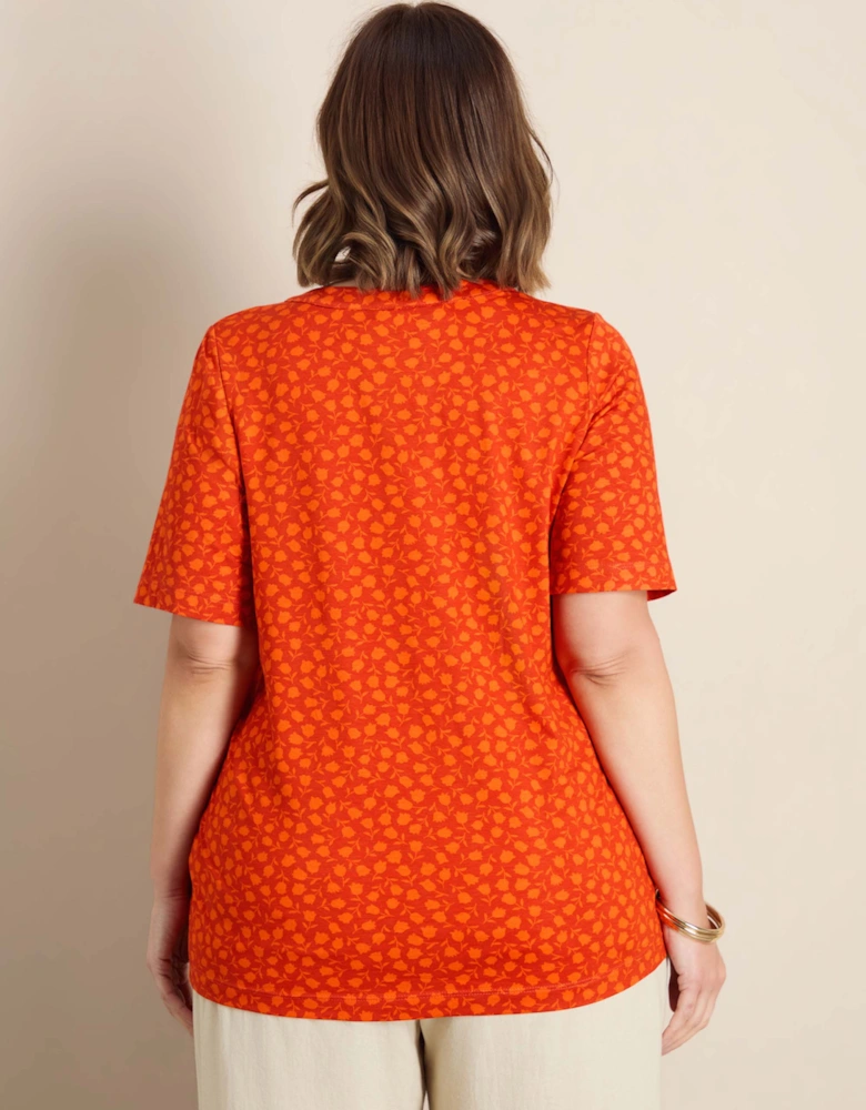 Orange Floral Print Nehru Collar Short Sleeve Jersey Top