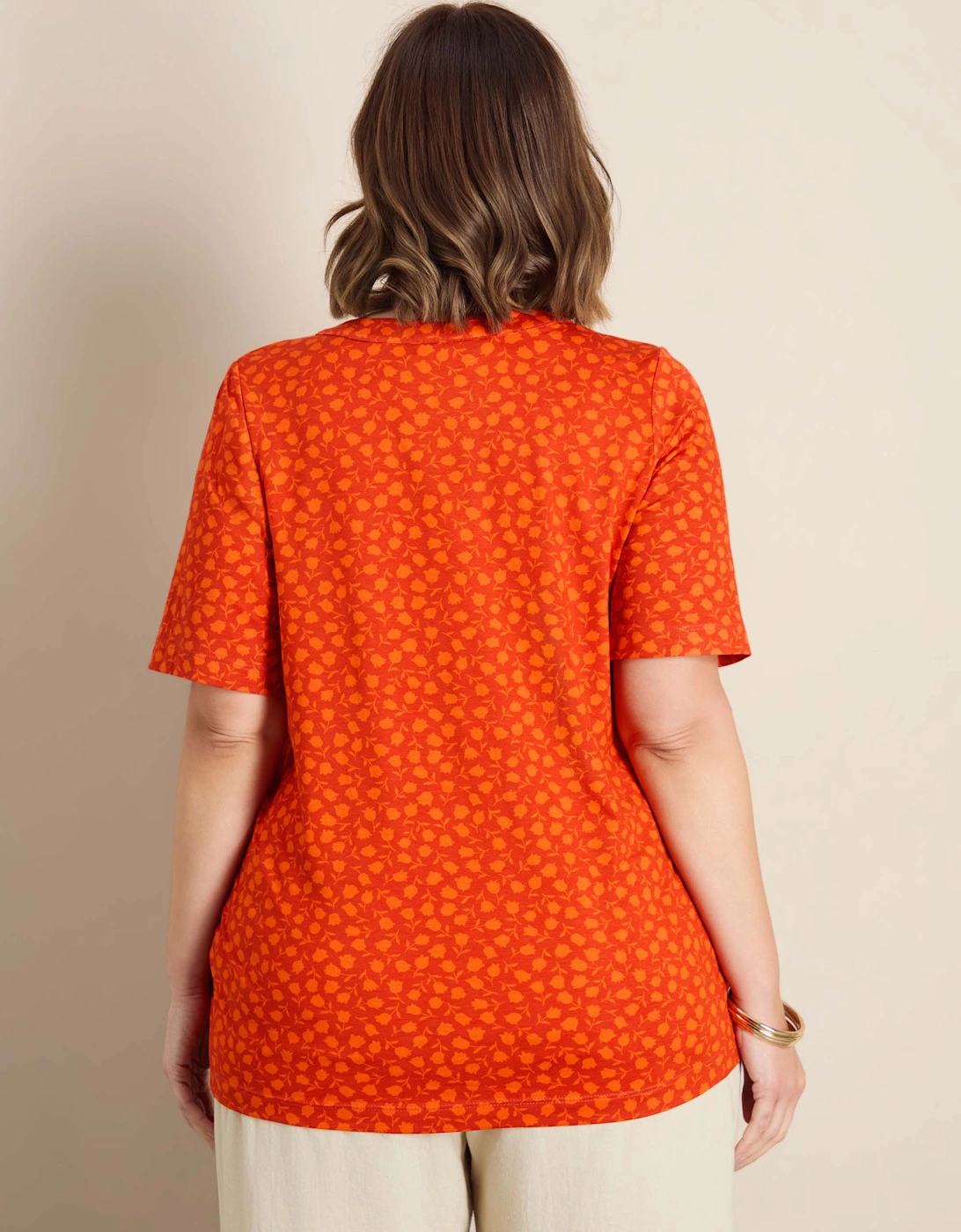 Orange Floral Print Nehru Collar Short Sleeve Jersey Top