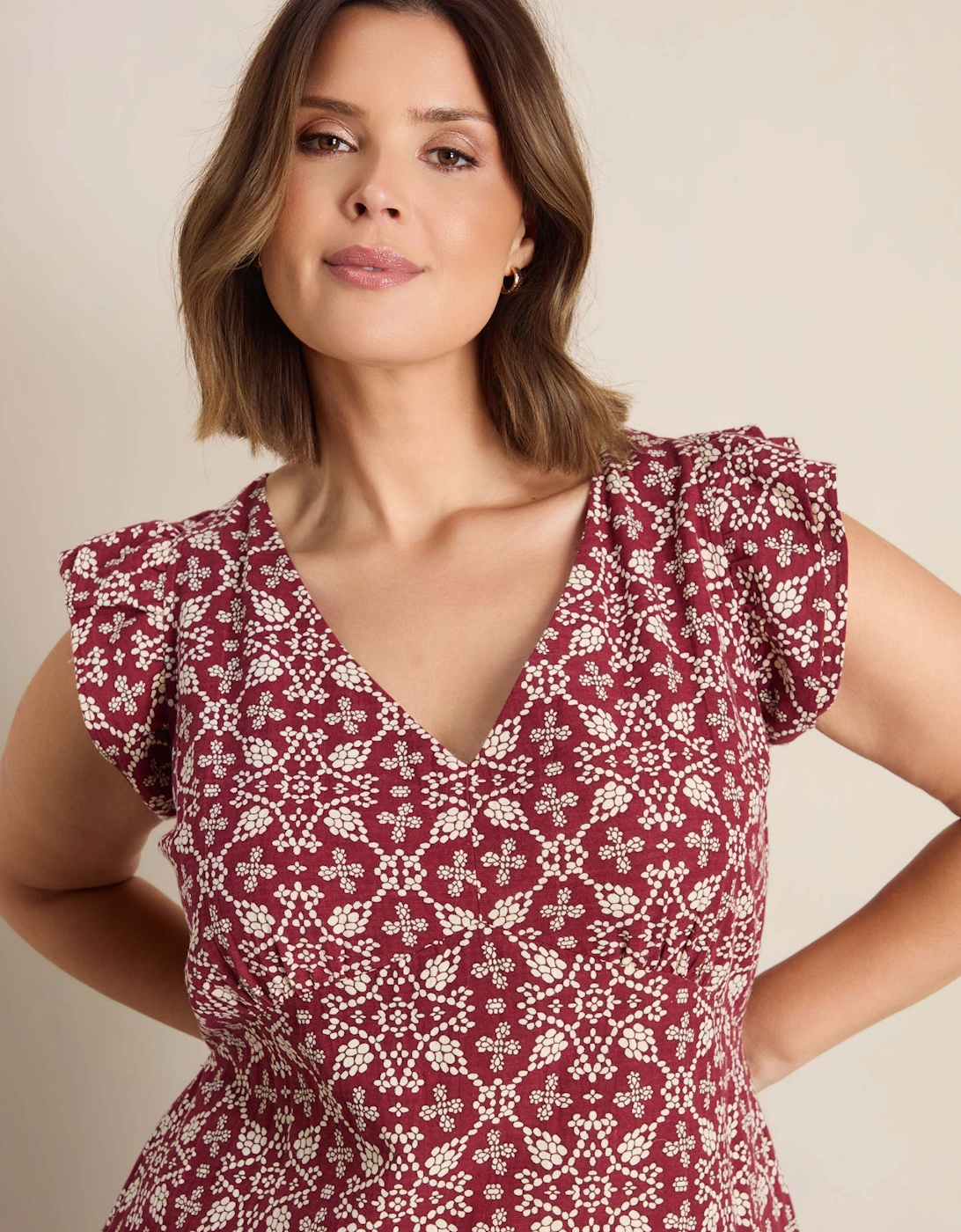 Red Boho Print Linen Blend V-Neck Midi Dress