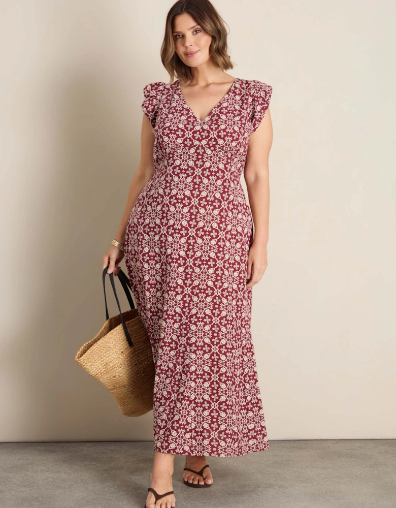 Red Boho Print Linen Blend V-Neck Midi Dress