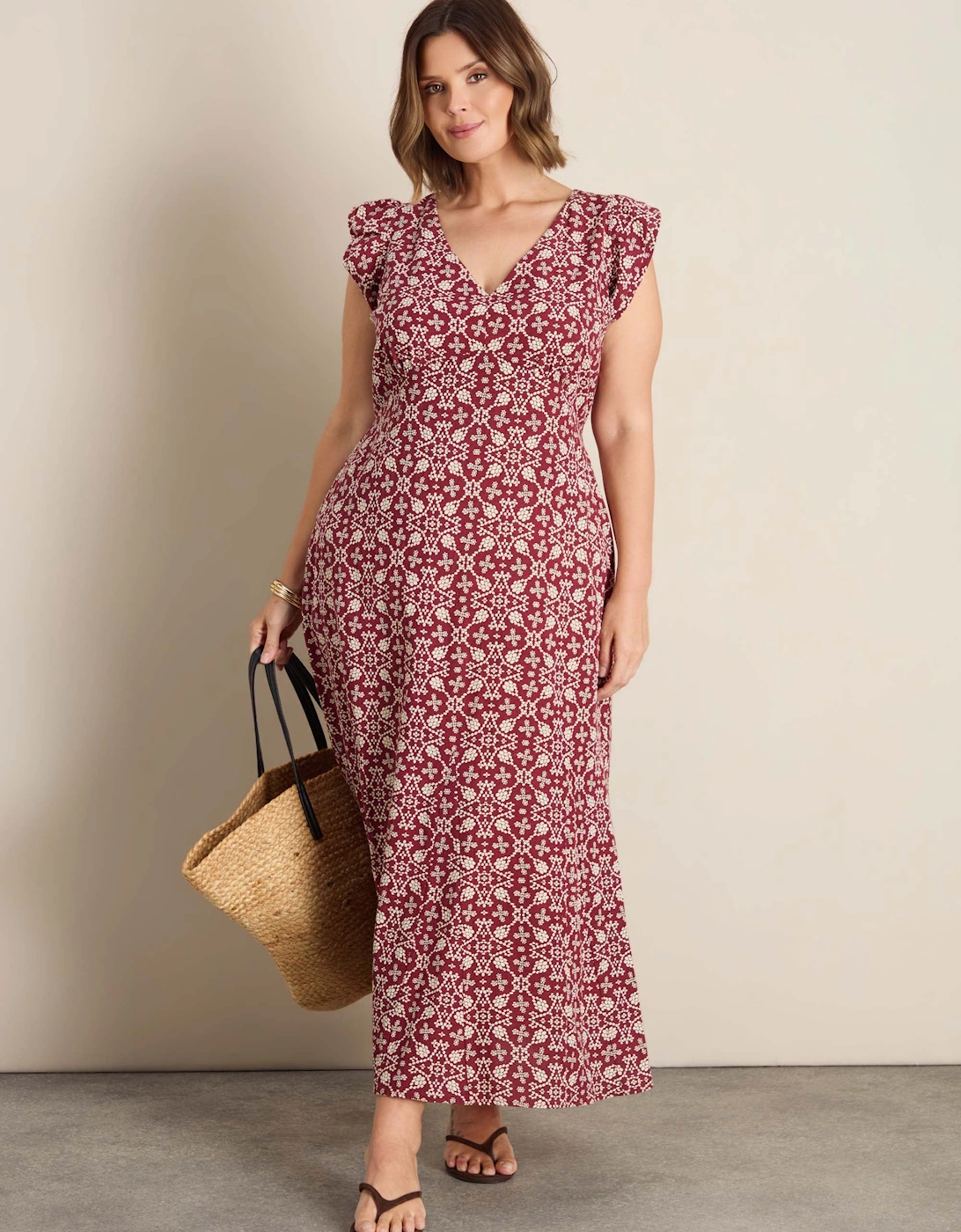 Red Boho Print Linen Blend V-Neck Midi Dress