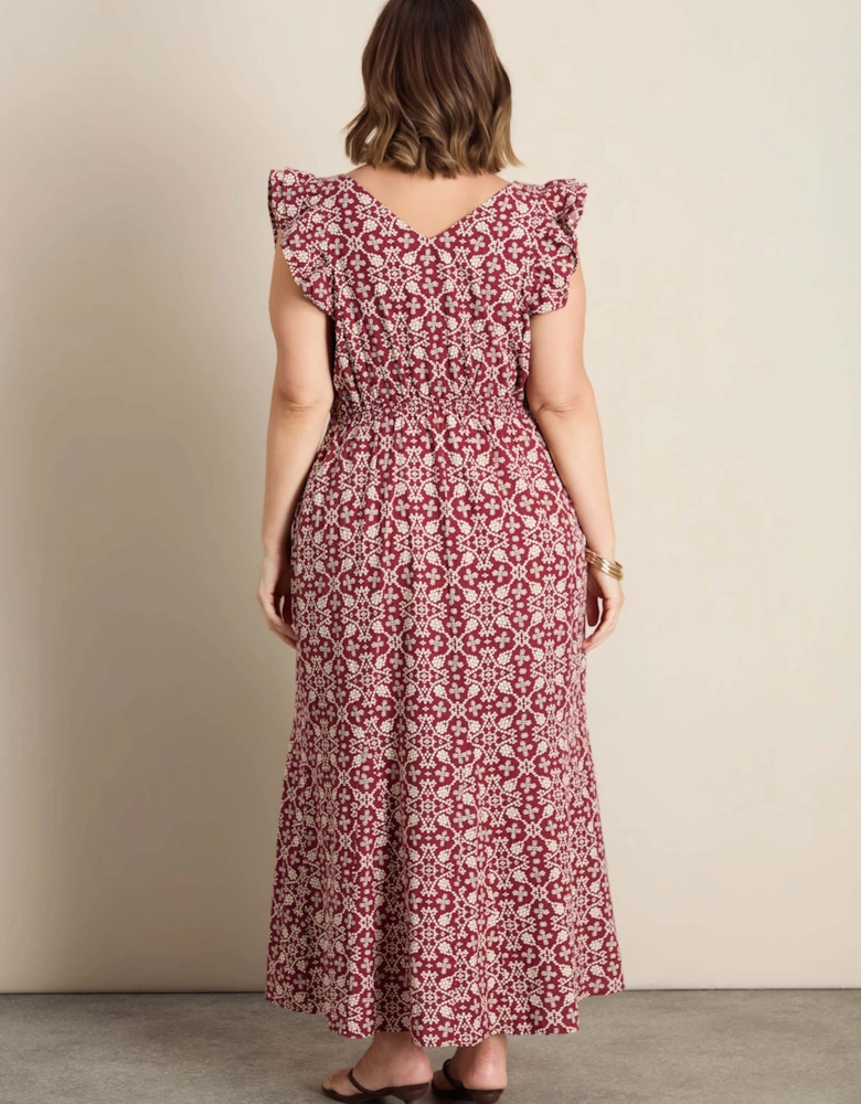 Red Boho Print Linen Blend V-Neck Midi Dress