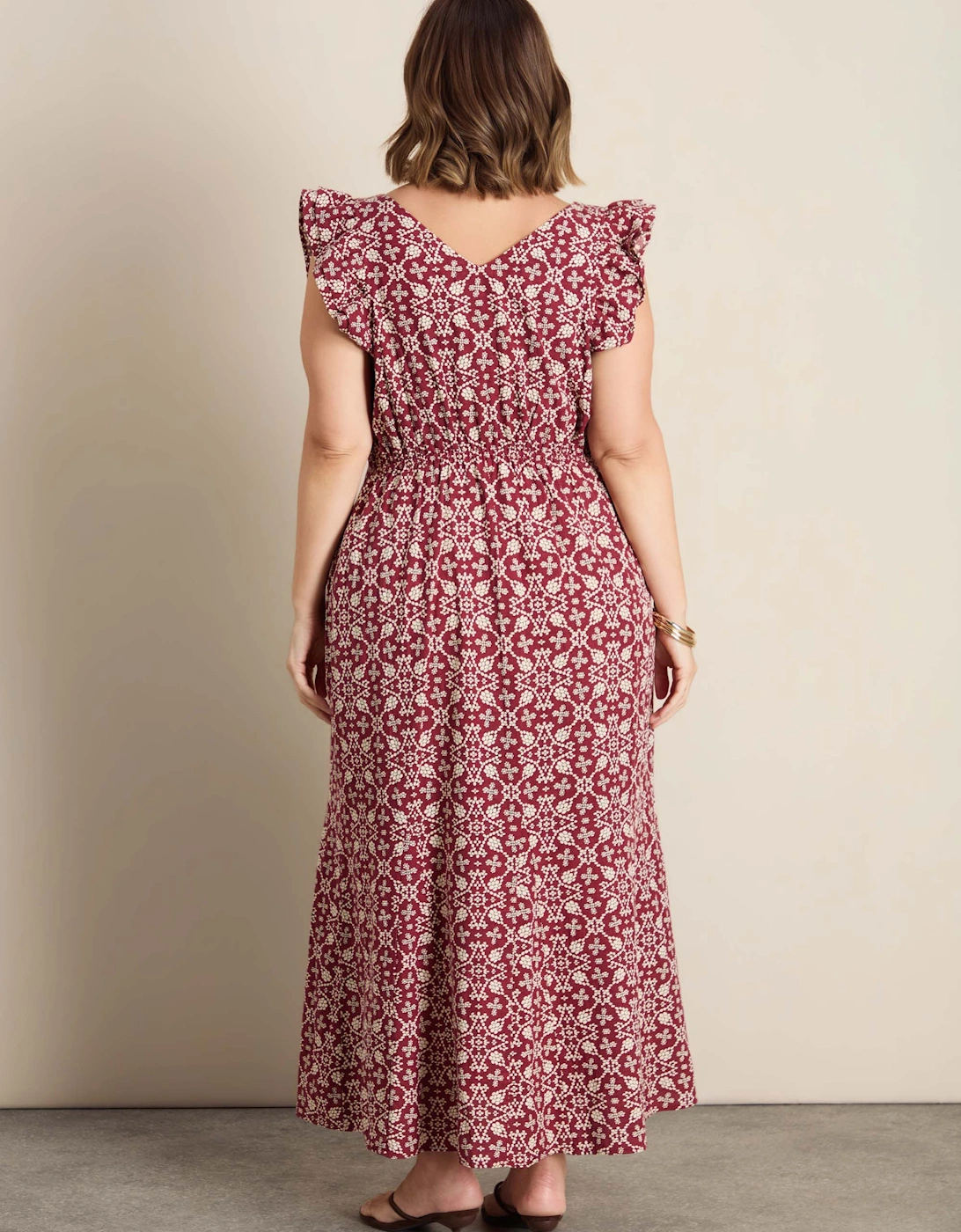 Red Boho Print Linen Blend V-Neck Midi Dress