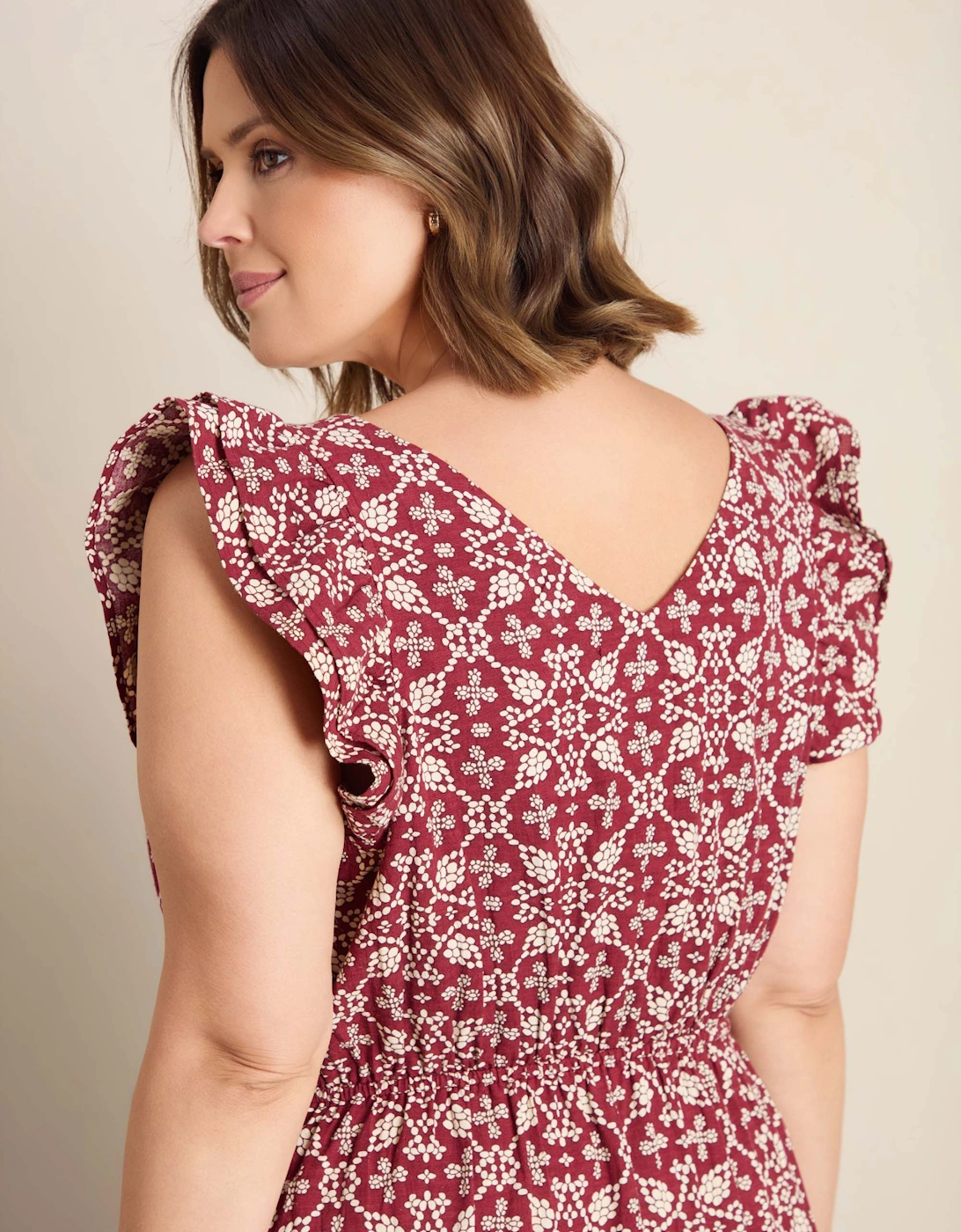 Red Boho Print Linen Blend V-Neck Midi Dress