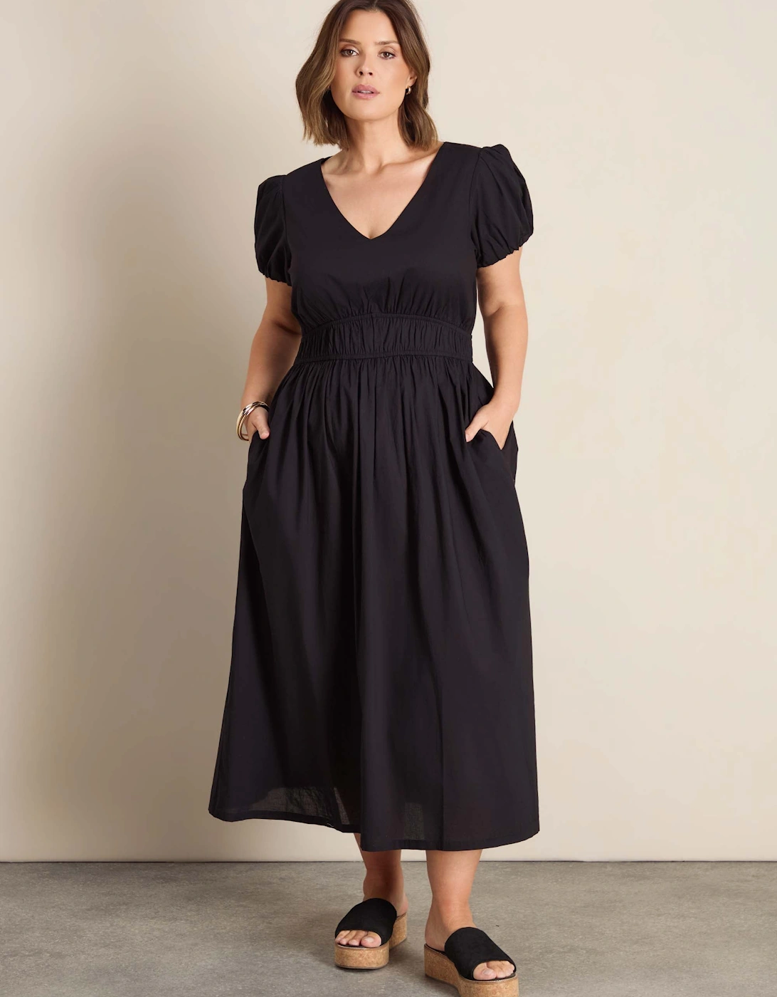 Black Cotton Smocked Waist Midaxi Dress