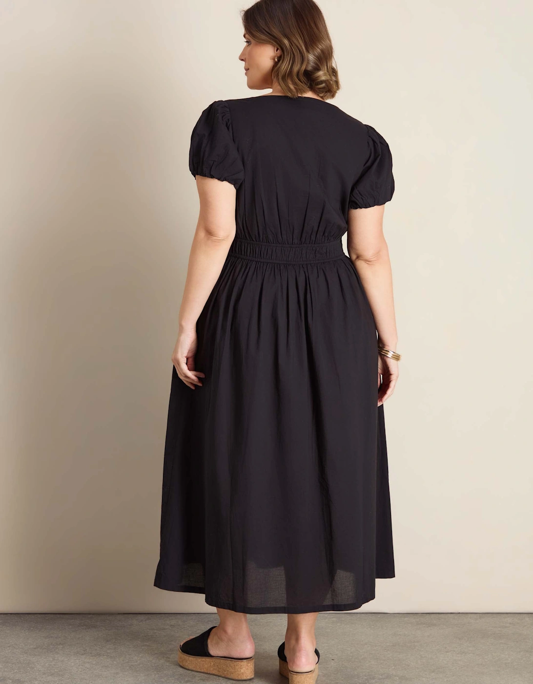 Black Cotton Smocked Waist Midaxi Dress