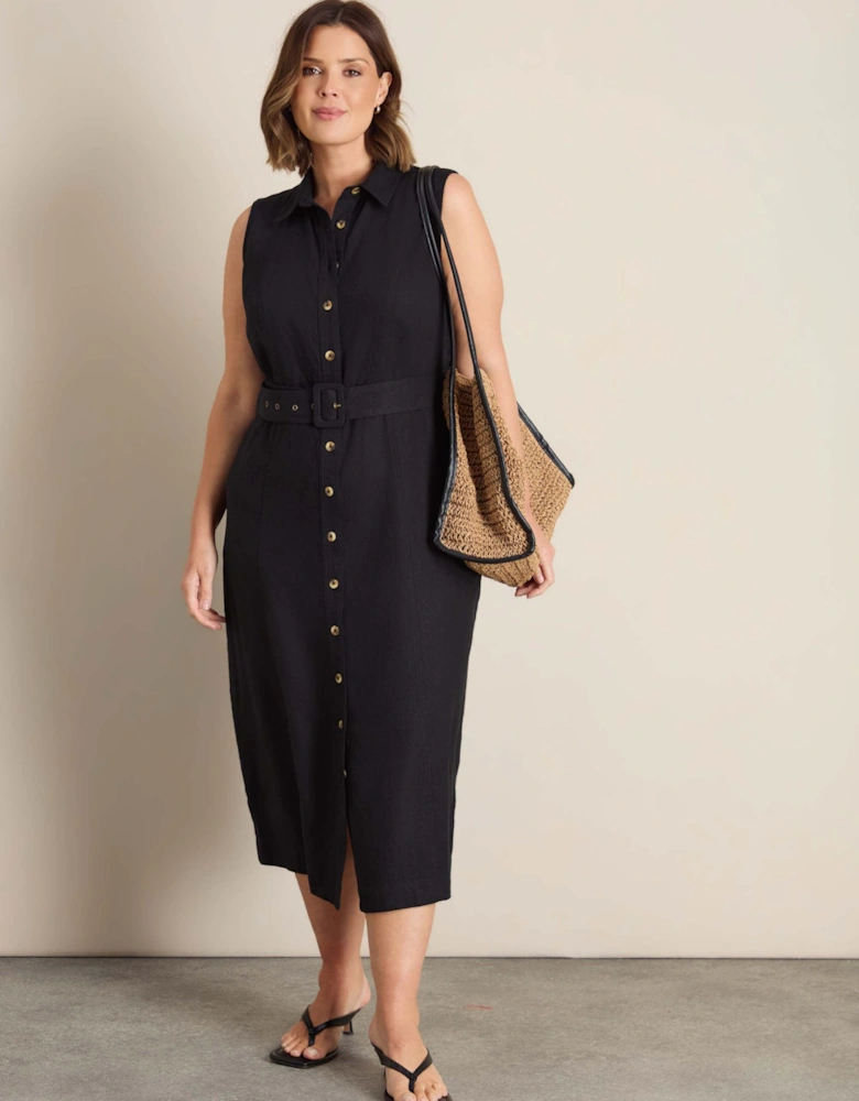 Petite Black Linen Blend Midaxi Shirt Dress