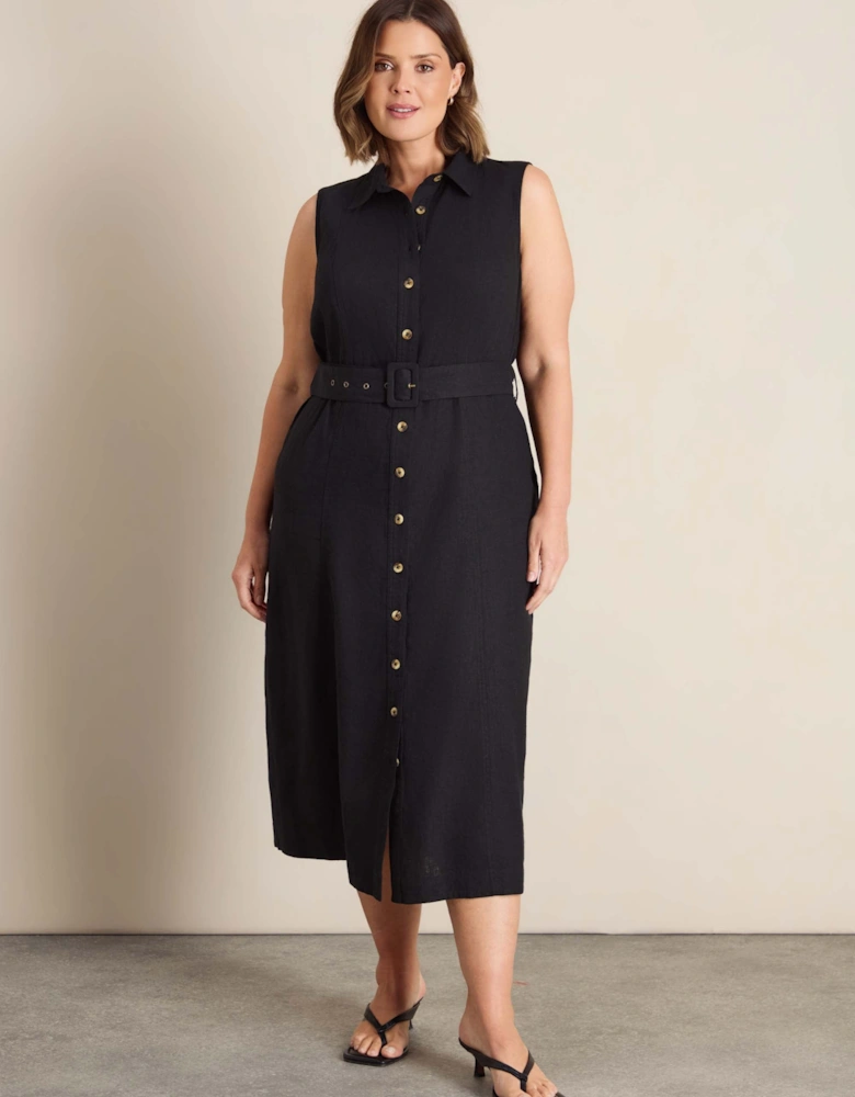 Petite Black Linen Blend Midaxi Shirt Dress