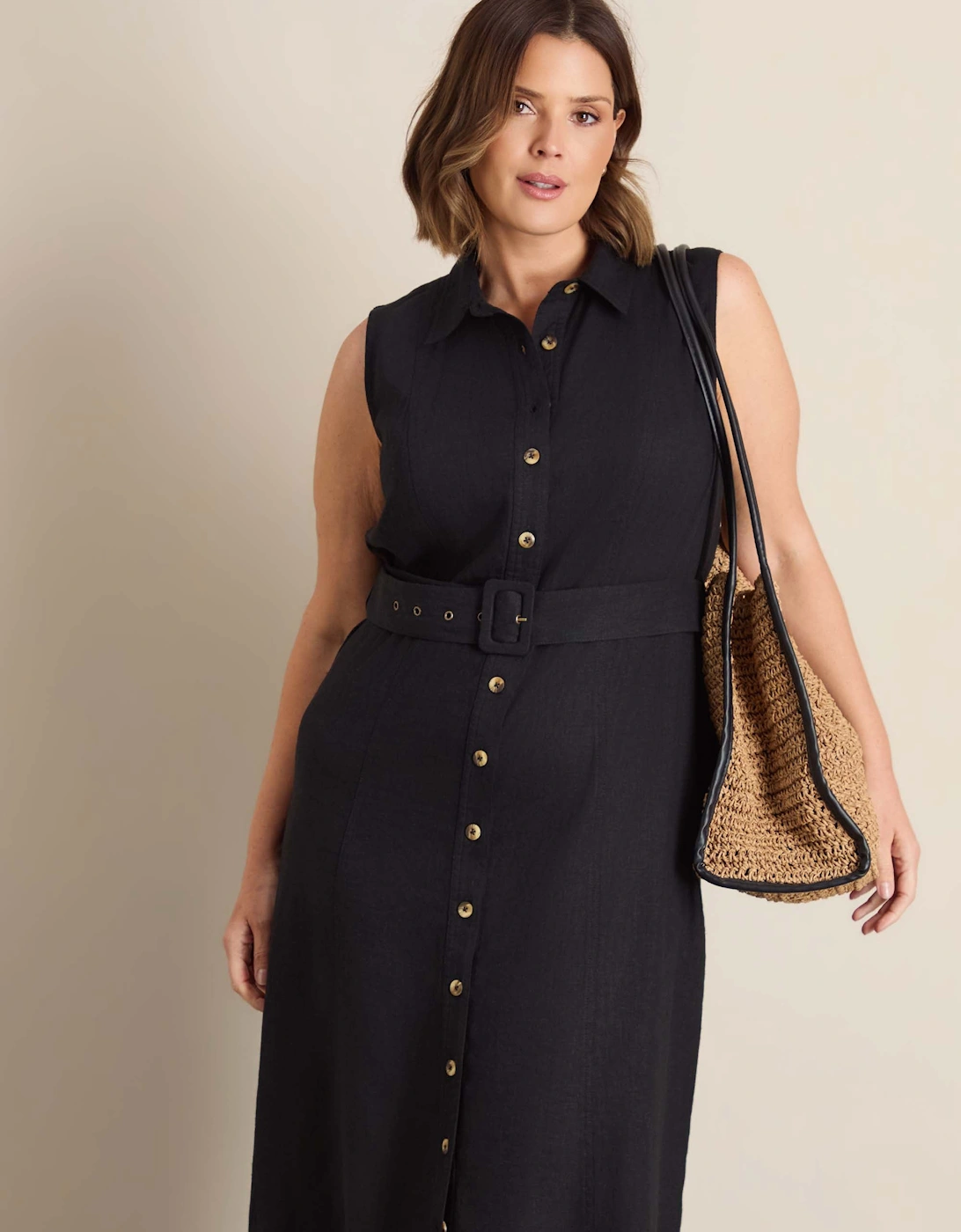 Petite Black Linen Blend Midaxi Shirt Dress