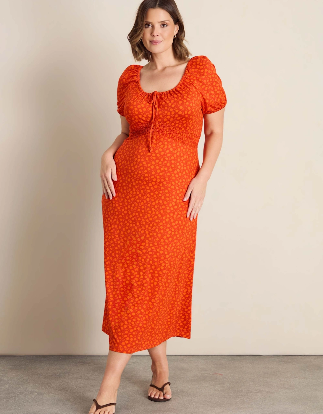 Orange Floral Print Gathered Neck Midaxi Dress