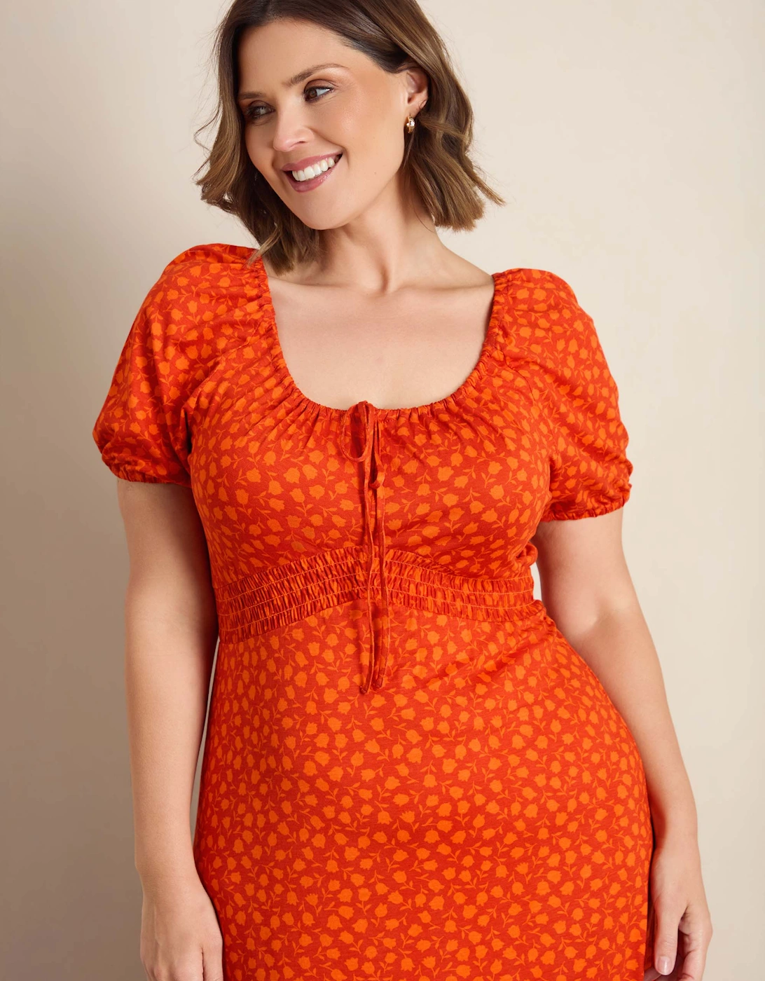 Orange Floral Print Gathered Neck Midaxi Dress