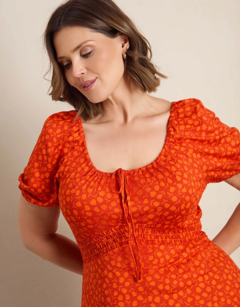 Orange Floral Print Gathered Neck Midaxi Dress