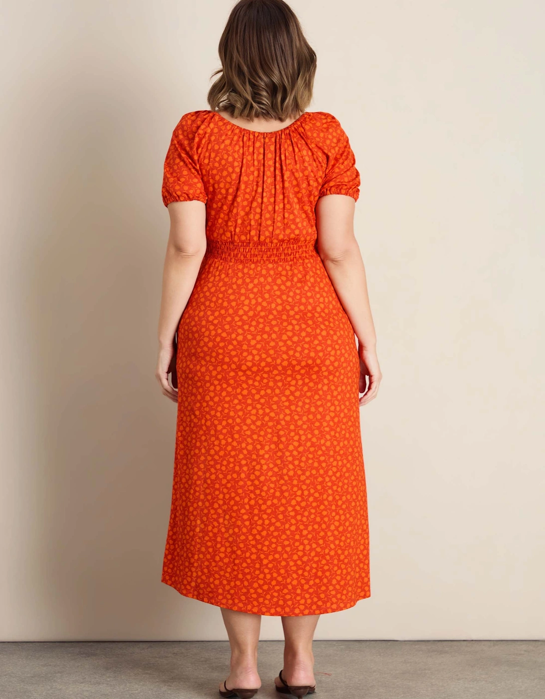 Orange Floral Print Gathered Neck Midaxi Dress