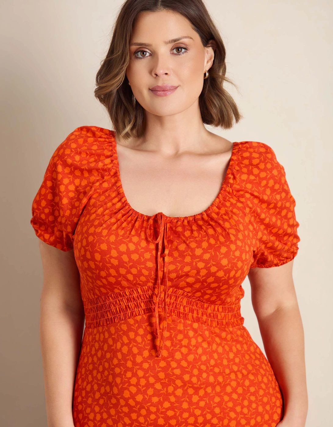 Orange Floral Print Gathered Neck Midaxi Dress