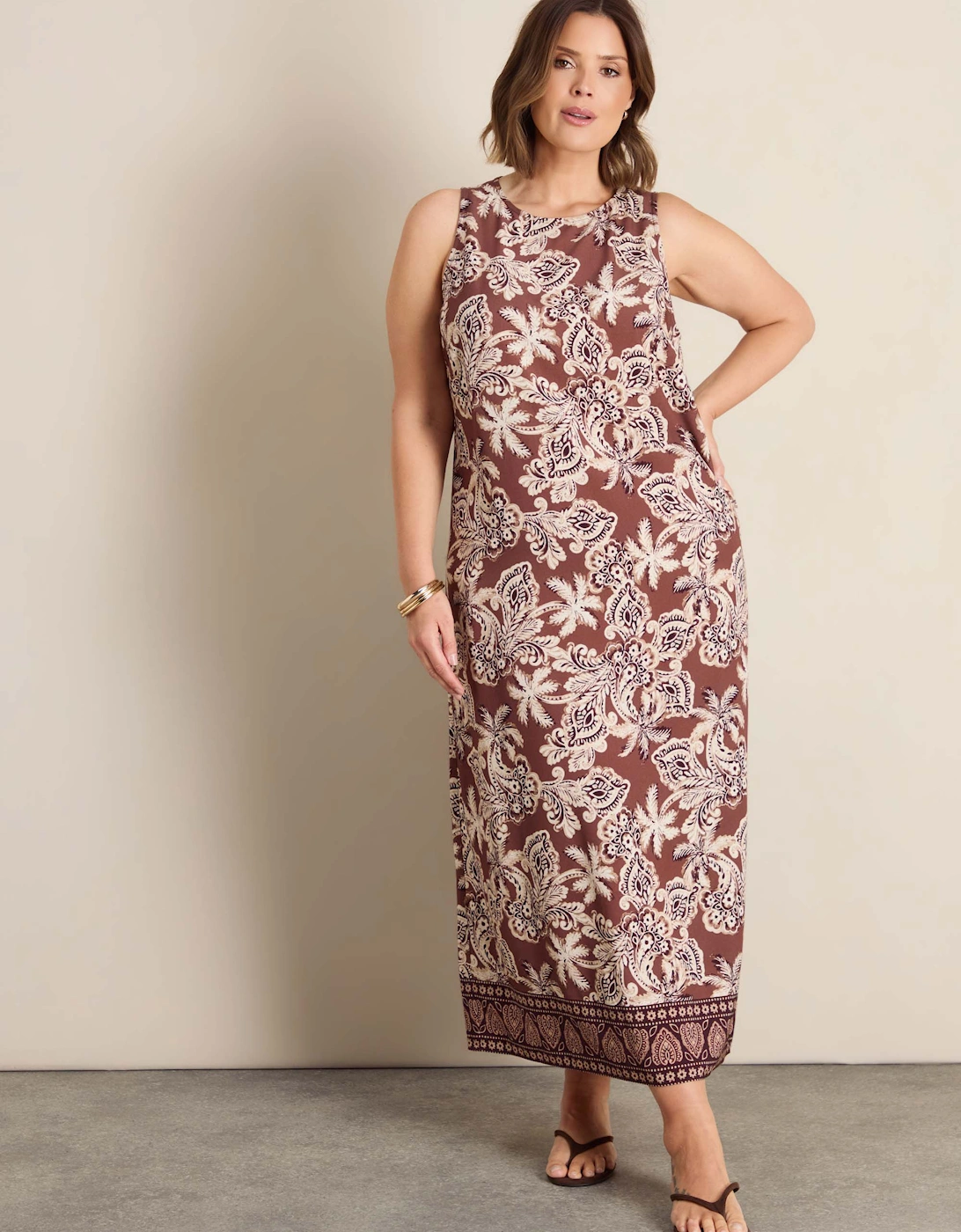 Live Unlimited London Live Unlimited London Women's Brown Floral Print Sleeveless Maxi Dress