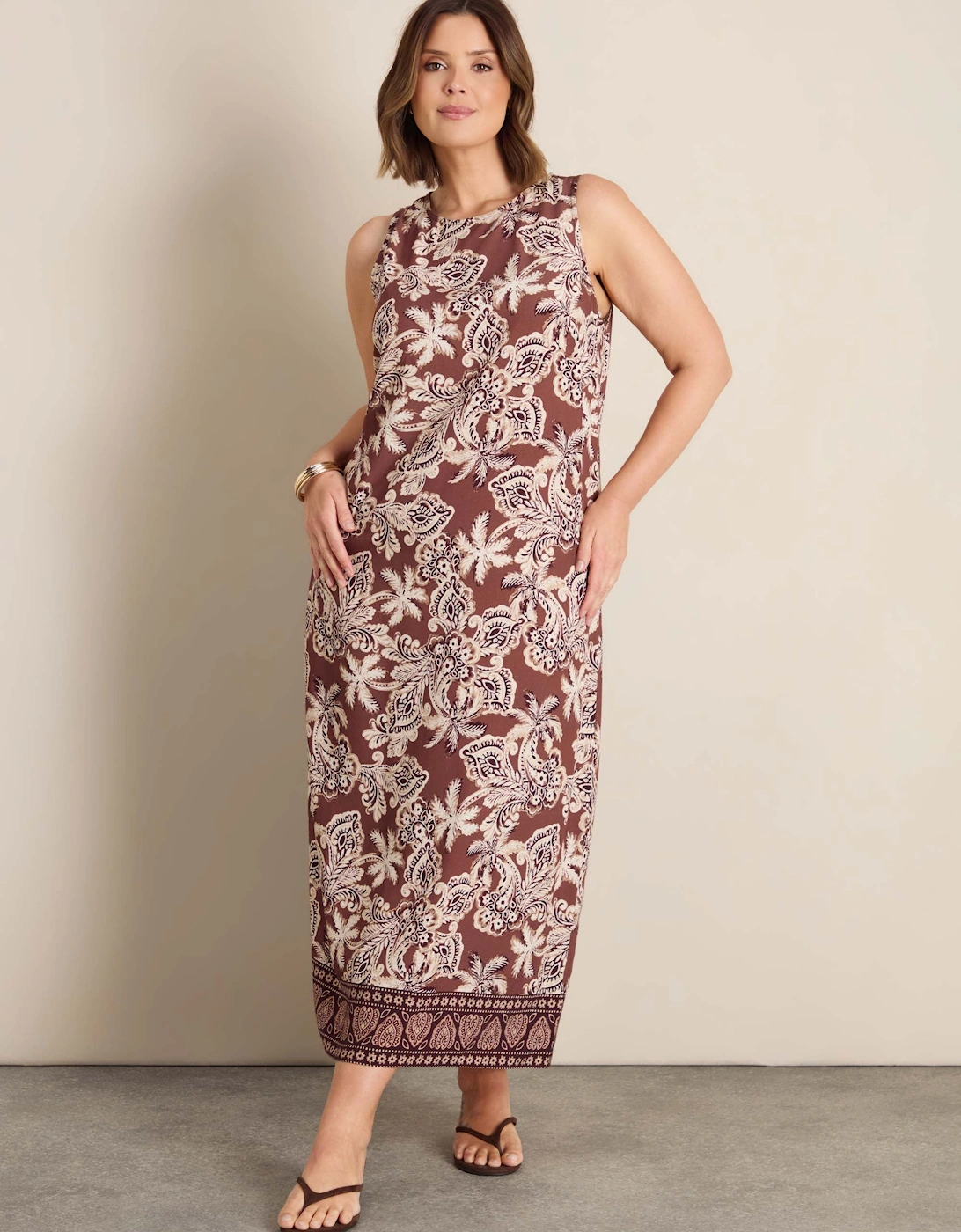 Brown Floral Print Sleeveless Maxi Dress